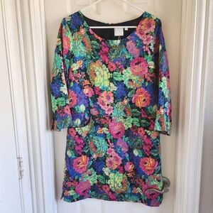 Anthropologie HD in Paris Tropicalist Floral Shift Dress Bright Neon Size Medium